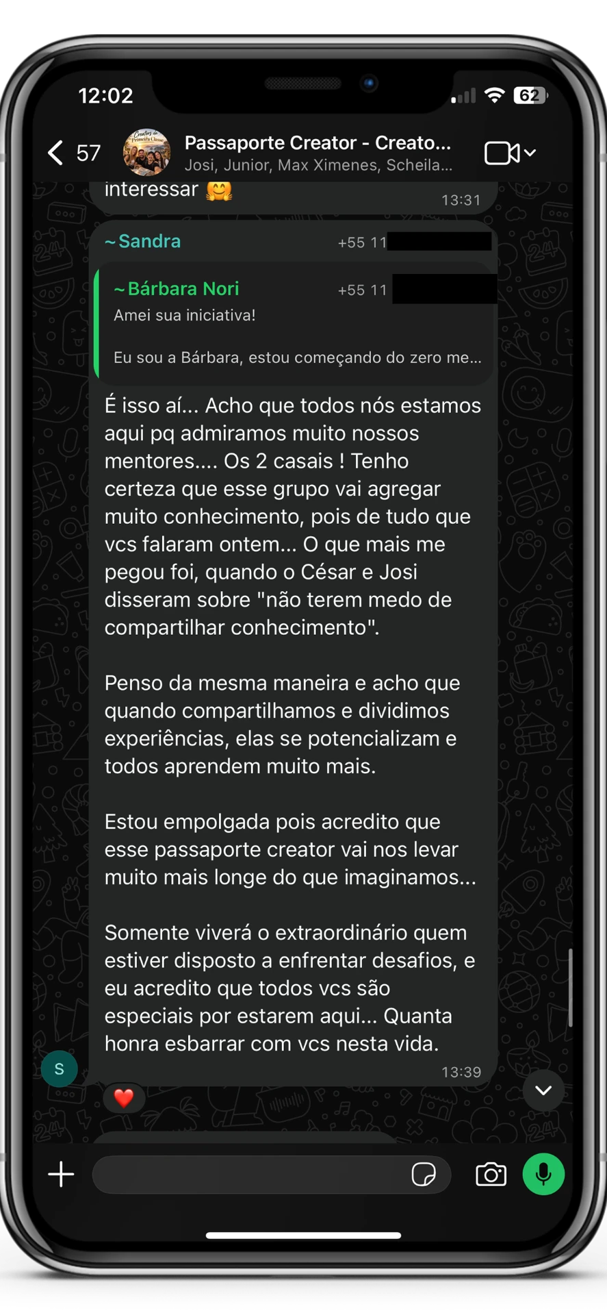 Depoimento de aluna empolgada com o grupo dos mentores