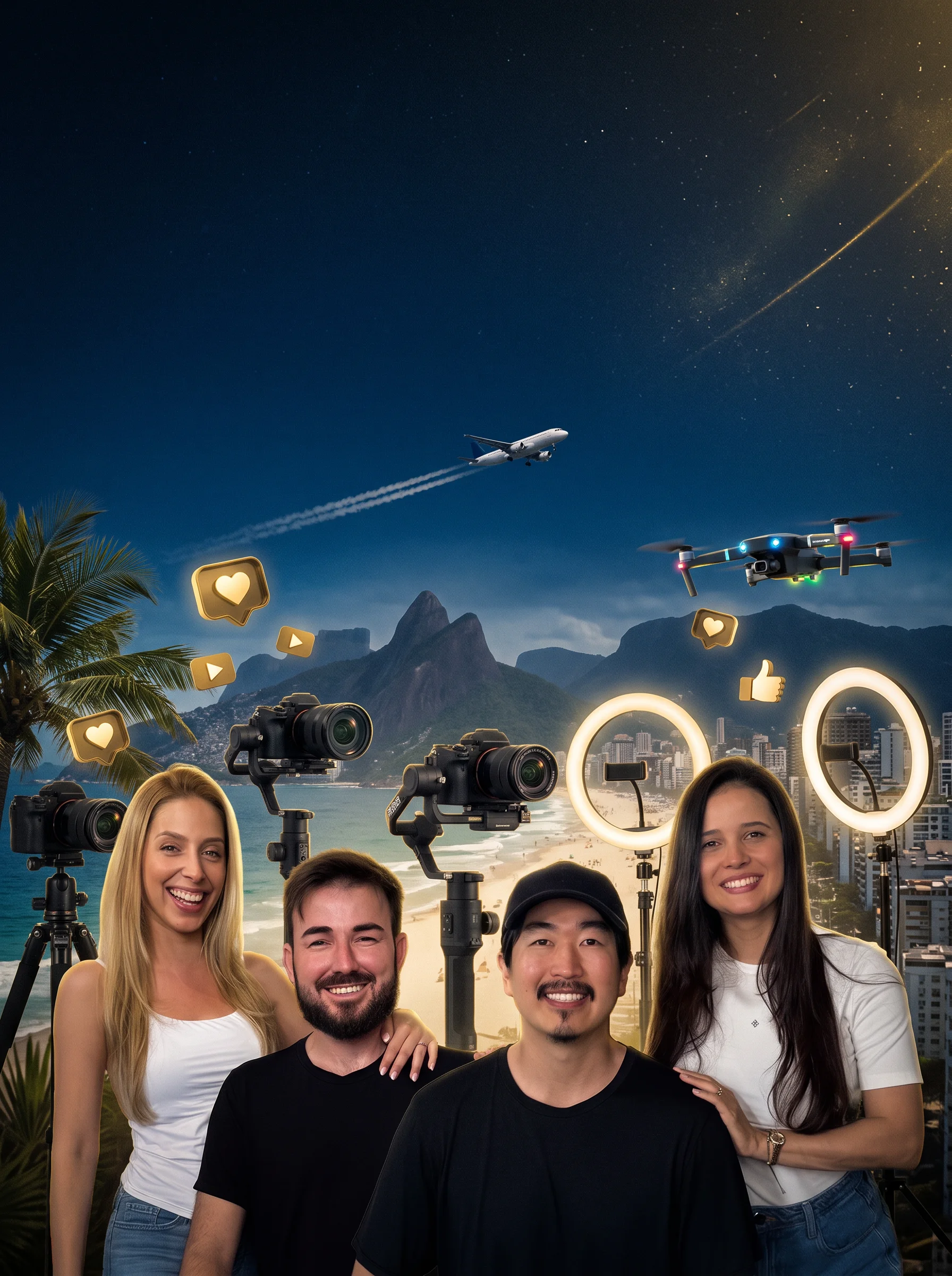 Mentores do Passaporte Creator com câmeras, drones e destinos de viagem ao fundo